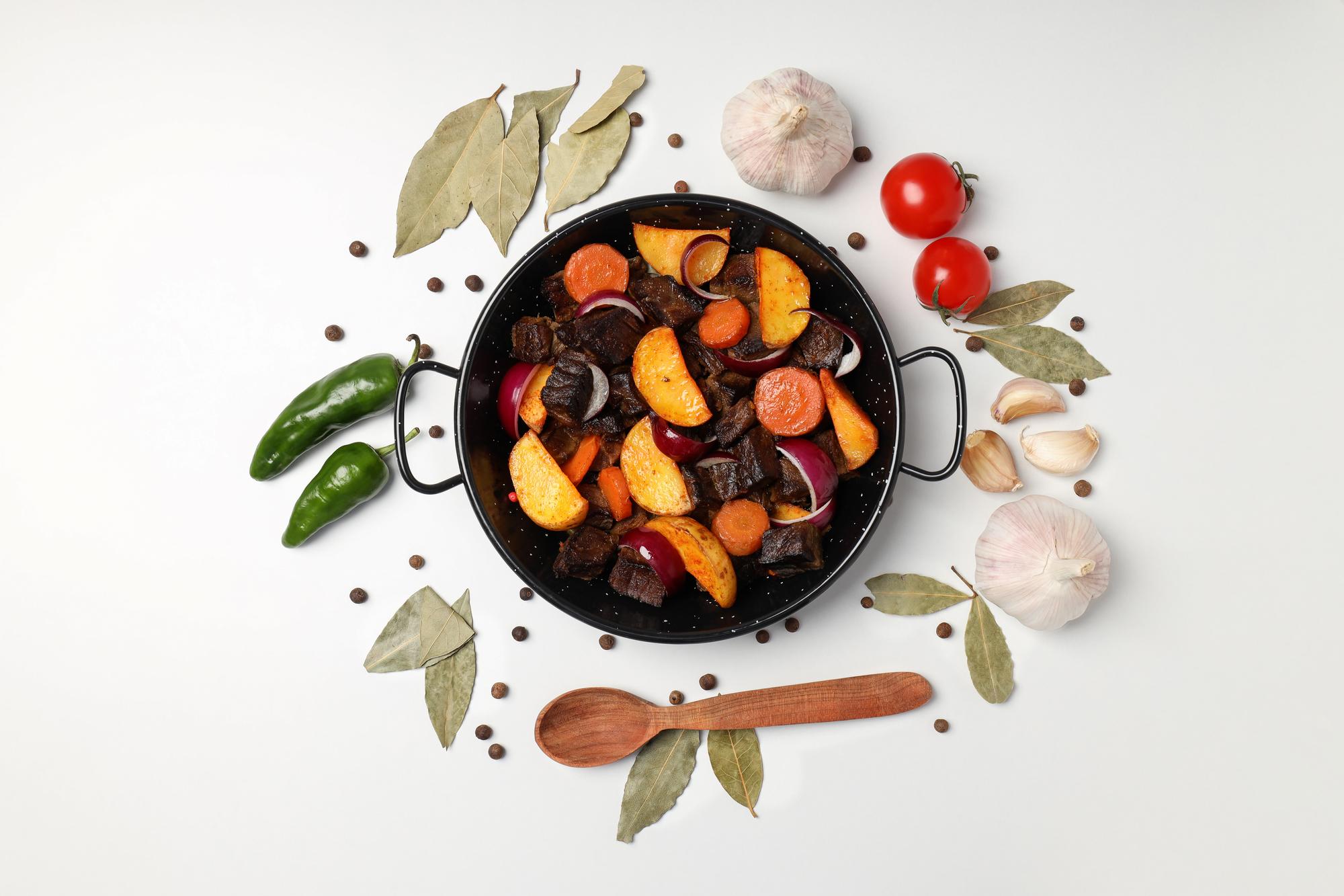 Close-up of roasted vegetables in cast-iron